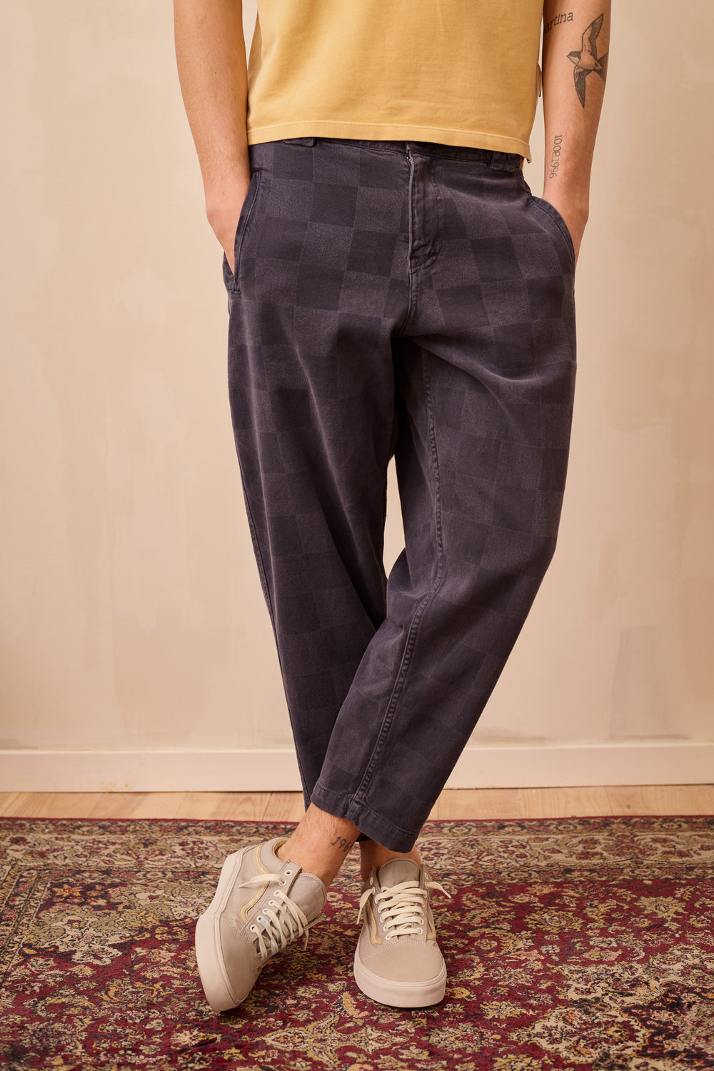 Cosme® Checks Navy - Pantalón a Cuadros Capri Tipo Chino Relaxed-Tapered Cut
